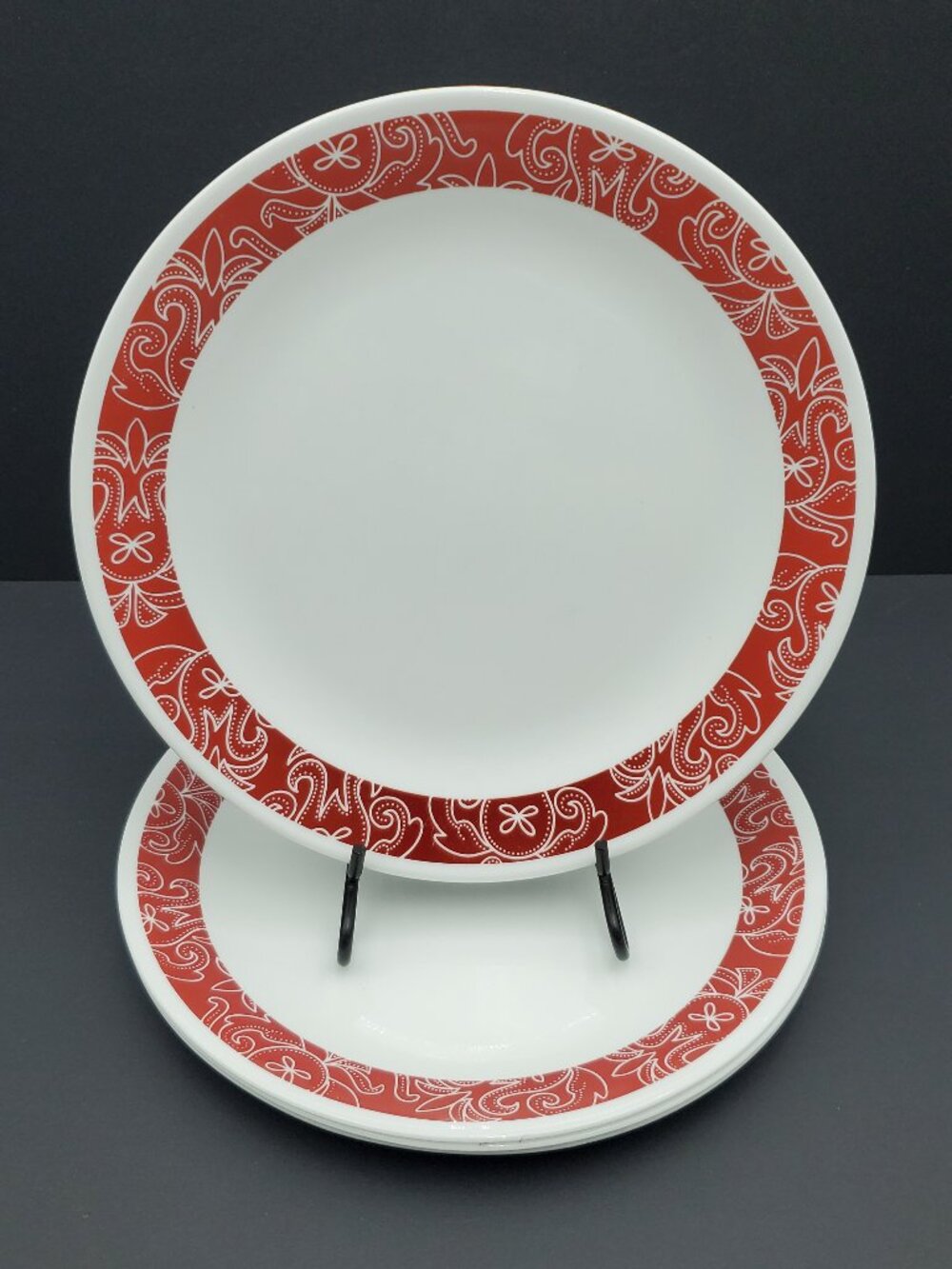 Corelle Bandhani Dinner Plates Corning White Plates with Dark Red Floral Bands